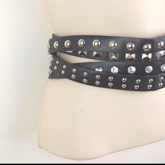 Edgy Strappy Silver Studded Black Faux Leather Rhinestone Ante-Upper Belt - Picture 2 of 9